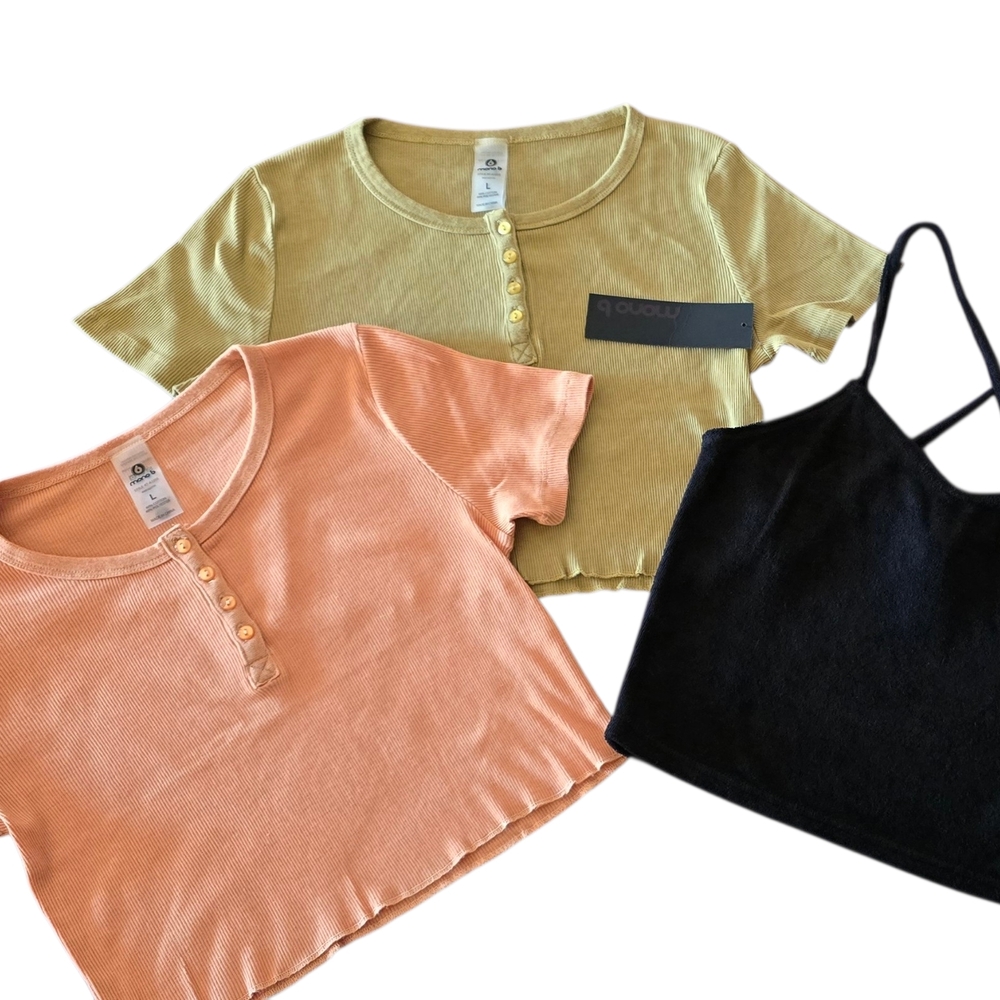 Bundle Of Mono B Peach, Olive & Black Ribbed Crop Henley Set